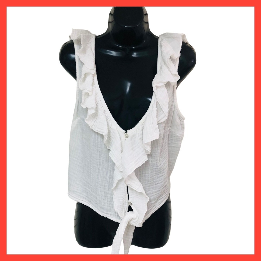 Rip Curl Gauze Top Ruffle Boho Beach Surf Y2K Plunge Tie Front Womens L White